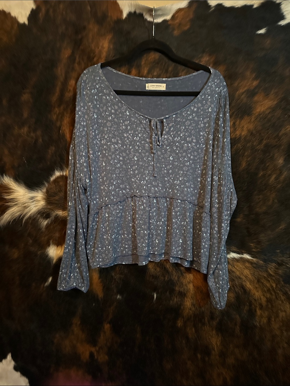 Lucky Brand Dusty Blue Floral Tie-Front Peplum Tunic